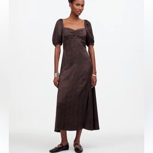 Madewell Puff-Sleeve Sweetheart Midi Dress speckled satin brown chic SIZE 8 NEW!